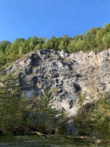 Una colina rocosa con árboles encima. en Ferienwohnung Röder, en Osterode
