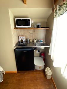 a small kitchen with a sink and a microwave at Rufa’S in El Chalten