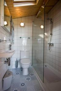 a bathroom with a toilet and a shower and a sink at Cedarwood, an intimate and romantic cabin for two. in Icklesham