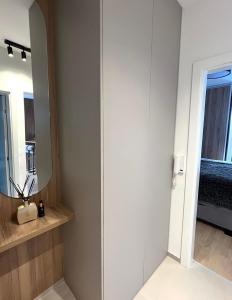 a bathroom with a mirror and a sink at Arbor Apartment in Bjelašnica