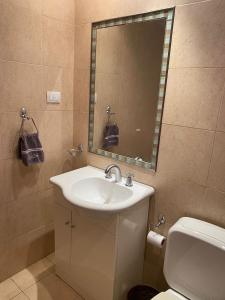 a bathroom with a sink and a toilet and a mirror at Casa Las Margaritas II in San Carlos de Bariloche