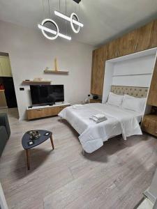 ein Schlafzimmer mit großem Bett und Fernseher in der Unterkunft Studio near US Embassy with balcony in Tirana