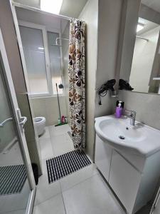 ein Badezimmer mit Waschbecken, Dusche und Toilette in der Unterkunft Studio near US Embassy with balcony in Tirana