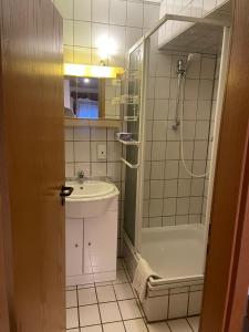 uma casa de banho com um lavatório e um chuveiro em Ferienwohnung Hoffmann em Bad Münder am Deister