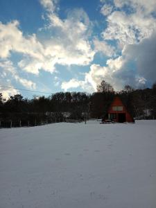 un campo cubierto de nieve con un granero en el fondo en Čivova brvnara, en Rudnik