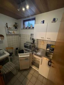 a small kitchen with a sink and a stove at Ferienwohnung Hoffmann in Bad Münder am Deister