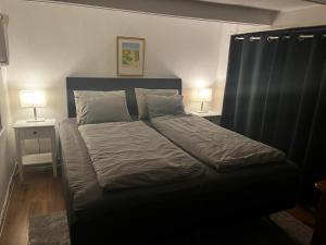 a bed in a bedroom with two lamps on tables at Österlens Pärla in Borrby