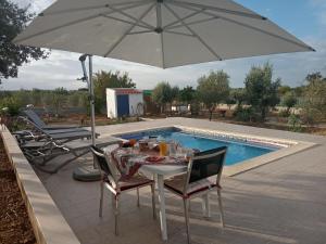 a table and chairs under an umbrella next to a pool at vivenda descollaz in Falcoeiras