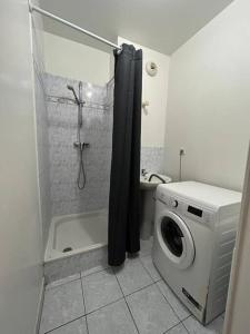 Ideal family flat in st-ouen في سانت وان: حمام مع دش وغسالة ملابس