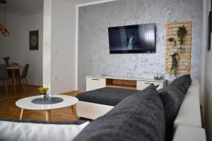 a living room with a couch and a tv on a wall at BorLu apartman in Ðakovo