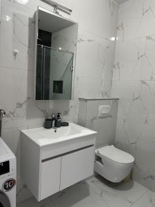 La salle de bains blanche est pourvue d'un lavabo et de toilettes. dans l'établissement Skyline Apartment 1, à Peje