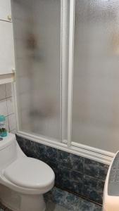 y baño con aseo blanco y ducha. en Residencial familiar, en Puerto Montt