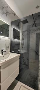 La salle de bains blanche est pourvue d'un lavabo et d'une douche. dans l'établissement The Velvet, à Chişinău