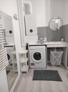 a laundry room with a washing machine and a sink at Apartament Piłsudskiego in Szczytno
