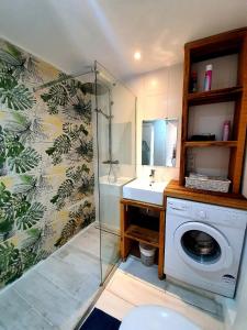 y baño con lavadora y lavamanos. en Freshly tastefully renovated apartments in heart of old Antibes en Antibes