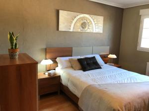 um quarto com uma cama grande e 2 almofadas em Dúplex cómodo em Cehegín