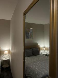 Fosses-La-Ville的住宿－Impasse 1，一间卧室配有一张带大镜子的床