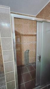 een douche met een glazen deur in de badkamer bij Central City Apartment in Pristina