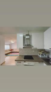 een keuken met een kookplaat in de kamer bij Central City Apartment in Pristina