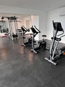 a gym with several exercise bikes and treadmills at Joansa Luxury Beachfront Apartment in Uswetakeiyawa