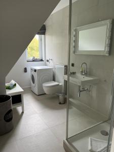 タツィングにあるReetdach-Landhaus Mini Haubargの白いバスルーム(トイレ、シンク付)