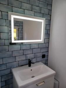 a bathroom with a white sink and a mirror at Reetdach-Landhaus Mini Haubarg in Tating