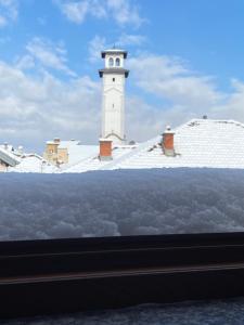 un faro sentado en la parte superior de un techo cubierto de nieve en Zani Boutique Hotel, en Prizren