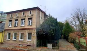 a house with a large tree in front of it at Apartament przy Kazimierza in Zielona Góra