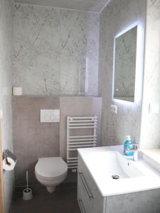 a white bathroom with a toilet and a sink at Gästehaus Radler Scheune in Heede