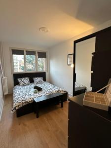 a bedroom with a bed and a large mirror at 4 Beds Apartment close PARIS center in Vanves