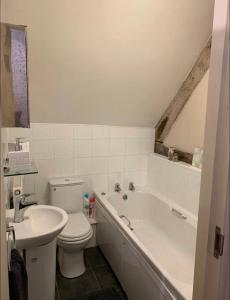 a bathroom with a toilet and a tub and a sink at Studio Double. Own bathroom, shared kitchen in Bewdley