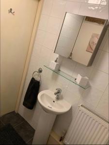 een witte badkamer met een wastafel en een spiegel bij Studio Double. Own bathroom, shared kitchen in Bewdley