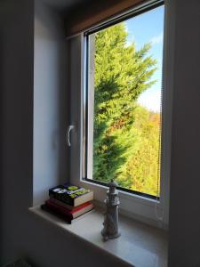 a window with books on a window sill with a tree at Villa Vino & Grad in Zagreb