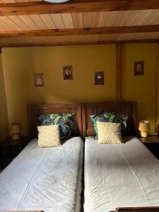 two beds sitting next to each other in a bedroom at Studio à Murbach au calme in Murbach