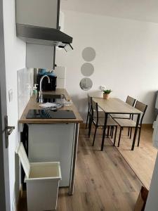 Cappelle-la-GrandeにあるStudio cosyのシンクとテーブルと椅子のあるキッチン