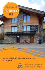a building with a sign in front of it at Chalet Jasná Apartment Franco jacuzzi & sauna in Demanovska Dolina