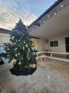 - un arbre de Noël dans une grande chambre dans l'établissement No.9 Hostel kanchanaburi, à Ban Don Rak