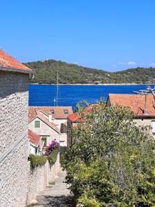 a view of a town with the ocean in the background at Novo uređeni apartman sa velikom terasom in Vis