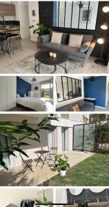 un collage de tres fotos de una sala de estar en Le Jardin de l'Arena - T3 Design - jardin privé - Garage sur demande - Proche Eurexpo, Groupama Stadium, LDLC Arena en Décines-Charpieu