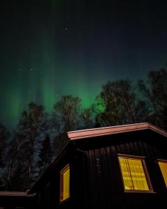 une image de l'aurore boralis sur une cabine dans l'établissement Forest Cottage, à Fluberg