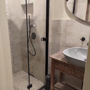 y baño con ducha y lavamanos. en La Signoria Relais, en Ferrara