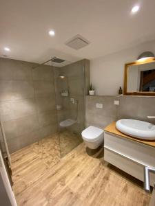 een badkamer met een toilet, een wastafel en een douche bij FachwerkLiebe in Quedlinburg +24 foto's