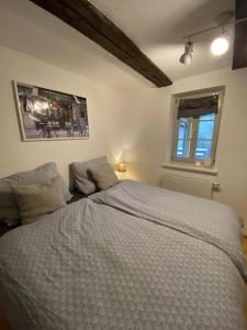 een slaapkamer met een groot bed in een kamer bij FachwerkLiebe in Quedlinburg