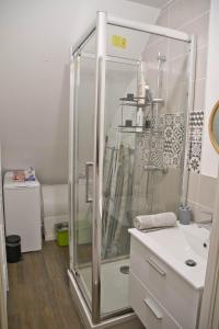 a bathroom with a shower and a white sink at Zen3 - Charmant appartement 3 pièces au centre de Joigny in Joigny
