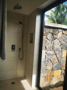 y baño con ducha y pared de piedra. en Casa del Dodo Villa de luxe avec piscine, en Rivière Noire