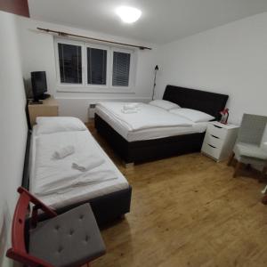 a room with two beds and a chair in it at Apartmán v Lipně nad Vltavou 25 in Lipno nad Vltavou