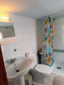 y baño con lavabo, aseo y cortina de ducha. en Casa en Teror Céntrica turismo de ciudad y bosques, en Teror