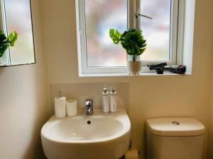 ein Bad mit einem Waschbecken, einem WC und einem Fenster in der Unterkunft Modern, Stylish and Central Home in Manchester