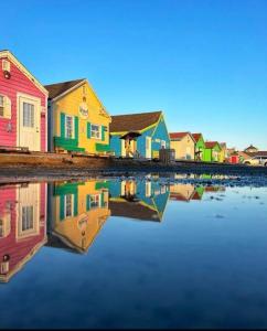 a row of colorful houses next to a body of water at Entire house 3 min Drive to beach in Eastern Passage