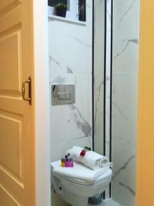 a bathroom with a toilet and a glass shower at Roomsin Sultanahmet in Istanbul